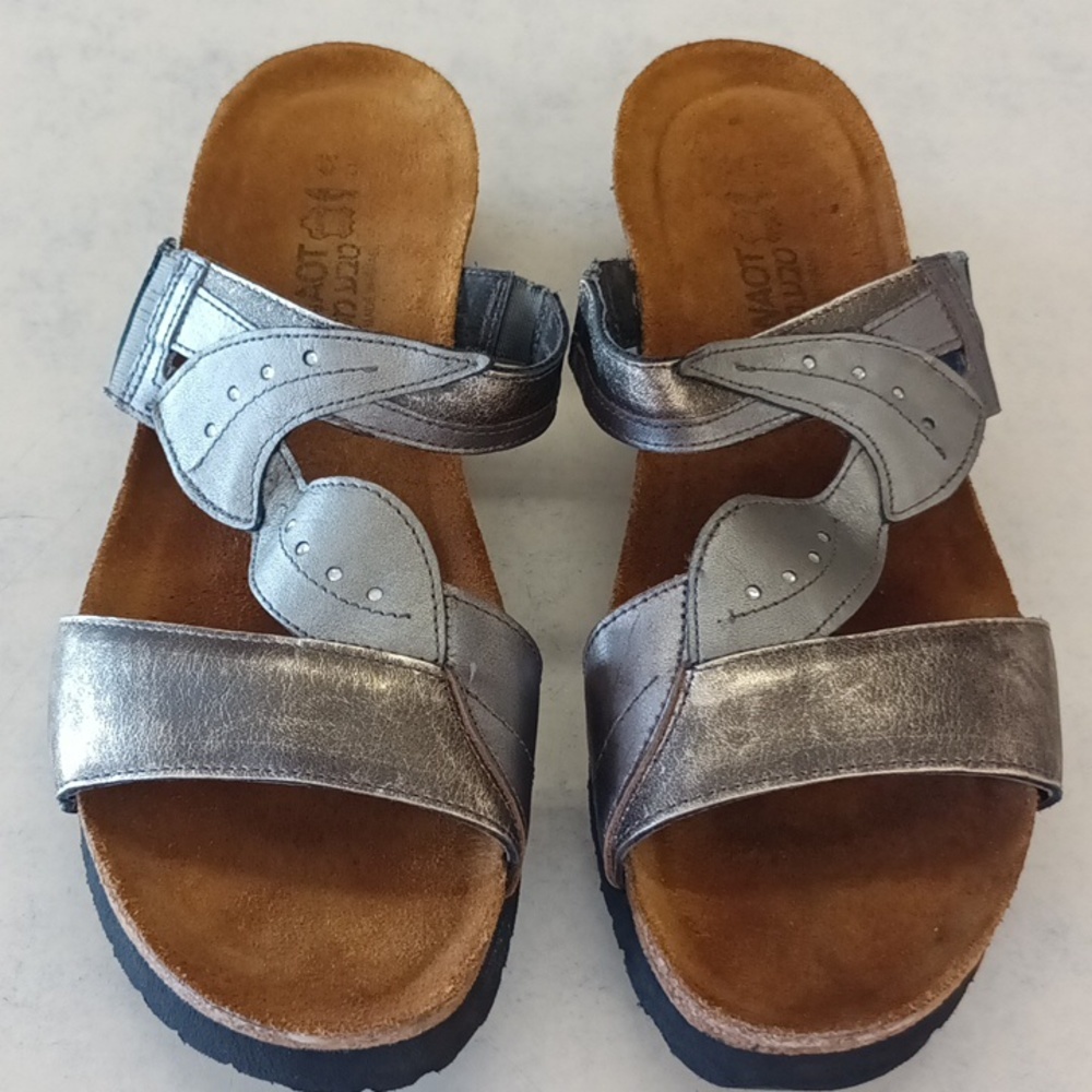 NAOT Kimberly Slide On Silver metallic Leather Sandals Size 42/11-11.5